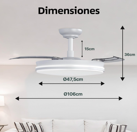 Ventilador de Techo 50 cm con Luz LED 42W y Aspas Retráctiles