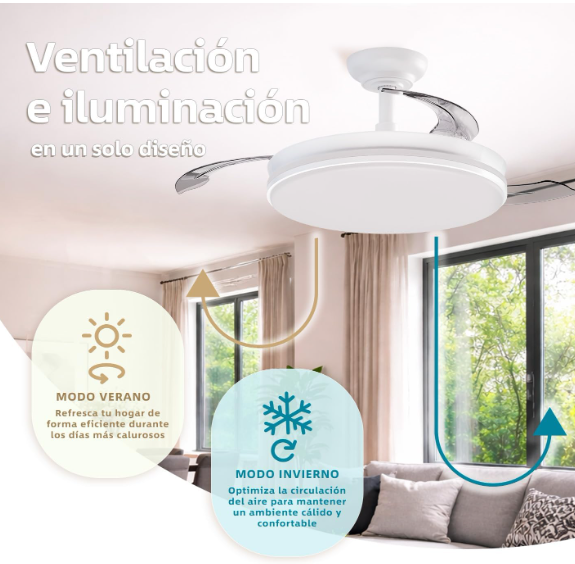 Ventilador de Techo 50 cm con Luz LED 42W y Aspas Retráctiles