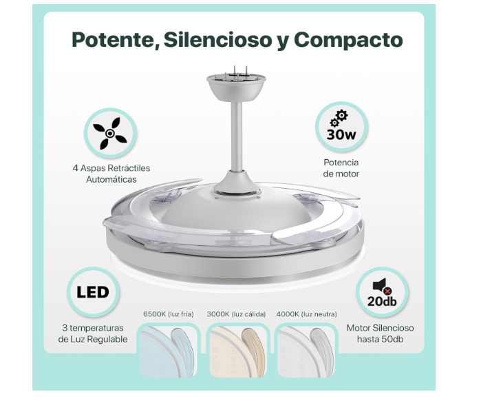 Ventilador de Techo 50 cm con Luz LED 66W y Aspas Retráctiles