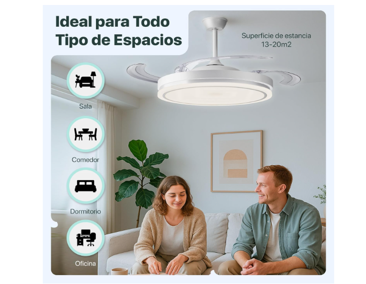 Ventilador de Techo 50 cm con Luz LED 66W y Aspas Retráctiles