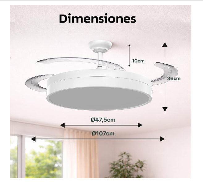 Ventilador de Techo 50 cm con Luz LED 36W y Aspas Retráctiles