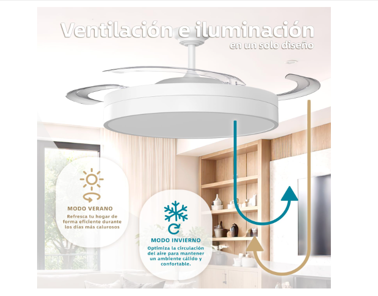 Ventilador de Techo 50 cm con Luz LED 36W y Aspas Retráctiles