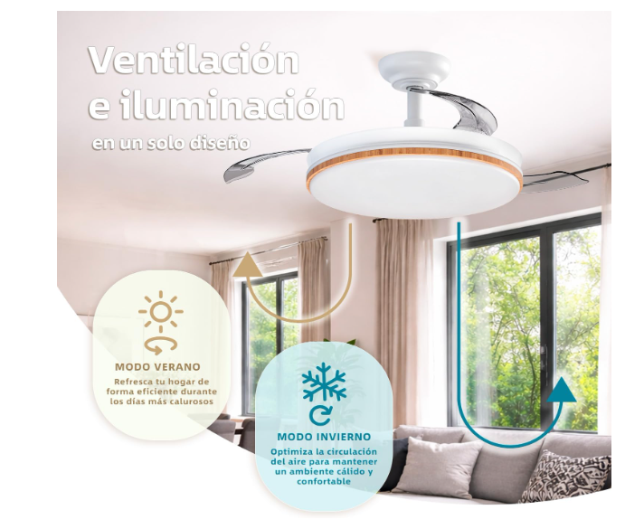 Ventilador de Techo 50 cm con Luz LED y Aspas Retráctiles Madera liso