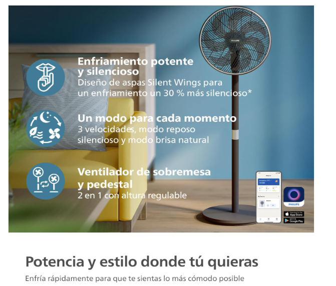 Ventilador de Pie Philips Serie 3000 Smart – 19 dB con App