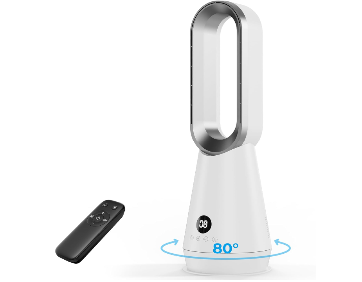 Ventilador de torre sin aspas DDHTSAL con 8 Velocidades, 2 Modos, Oscilación 80°, Temporizador 9h, Mando y Pantalla LED | 32 dB Silencioso