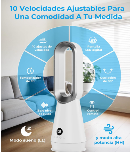Ventilador de torre sin aspas DDHTSAL con 8 Velocidades, 2 Modos, Oscilación 80°, Temporizador 9h, Mando y Pantalla LED | 32 dB Silencioso