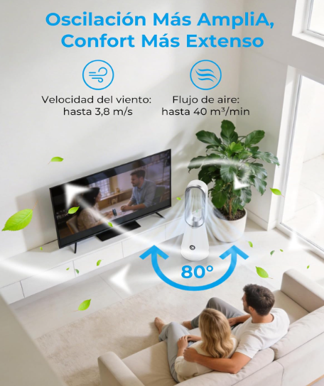 Ventilador de torre sin aspas DDHTSAL con 8 Velocidades, 2 Modos, Oscilación 80°, Temporizador 9h, Mando y Pantalla LED | 32 dB Silencioso