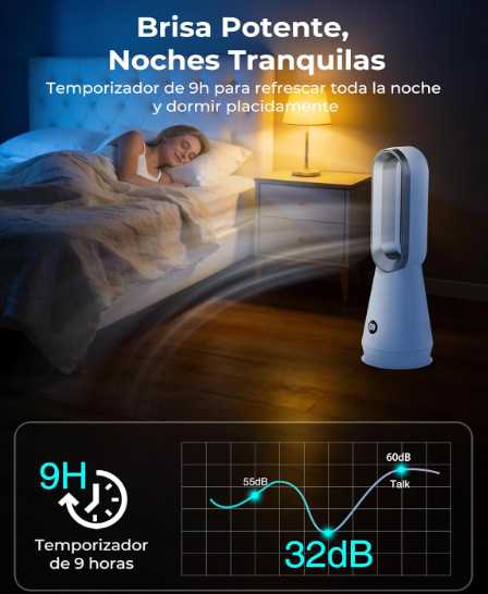 Ventilador de torre sin aspas DDHTSAL con 8 Velocidades, 2 Modos, Oscilación 80°, Temporizador 9h, Mando y Pantalla LED | 32 dB Silencioso