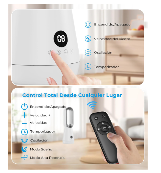 Ventilador de torre sin aspas DDHTSAL con 8 Velocidades, 2 Modos, Oscilación 80°, Temporizador 9h, Mando y Pantalla LED | 32 dB Silencioso