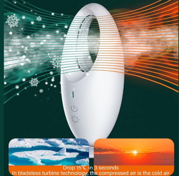Ventilador de escritorio sin aspas Luqeeg con Control Táctil, Luz LED, Oscilación, Silencioso y Recargable USB | Compacto para Oficina y Hogar
