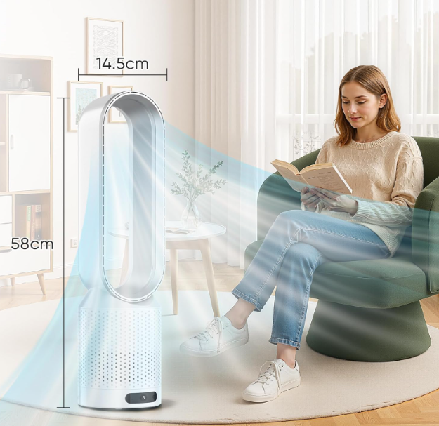 Ventilador sin aspas Sulobom 2 en 1 con Purificador HEPA, 8 Velocidades, Oscilación 90°, Temporizador y Mando | Muy Silencioso