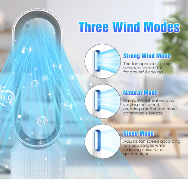 Ventilador sin aspas Sulobom 2 en 1 con Purificador HEPA, 8 Velocidades, Oscilación 90°, Temporizador y Mando | Muy Silencioso