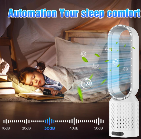 Ventilador sin aspas Sulobom 2 en 1 con Purificador HEPA, 8 Velocidades, Oscilación 90°, Temporizador y Mando | Muy Silencioso