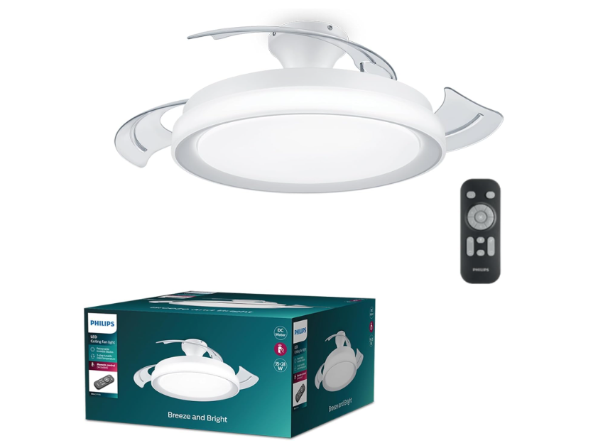 Ventilador de techo Philips Bliss 2024 con Luz LED 28W, Motor DC 35W, Aspas Retráctiles, 3 Tonos de Luz, Mando y APP | Modo Invierno/Verano | Clase A