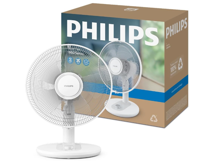 Ventilador de mesa Philips Serie 1000 CX1030/00 de 35 dB, 2.000 m³/h, 3 Velocidades, Rotación 80° e Inclinación 30° | Blanco