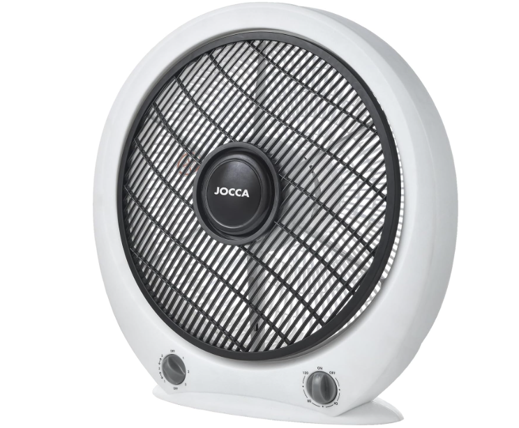 Ventilador portátil Jocca Box Fan de 30 cm con 5 Aspas, 3 Velocidades, Temporizador y Sistema Antivuelco | Suelo o Mesa | Blanco