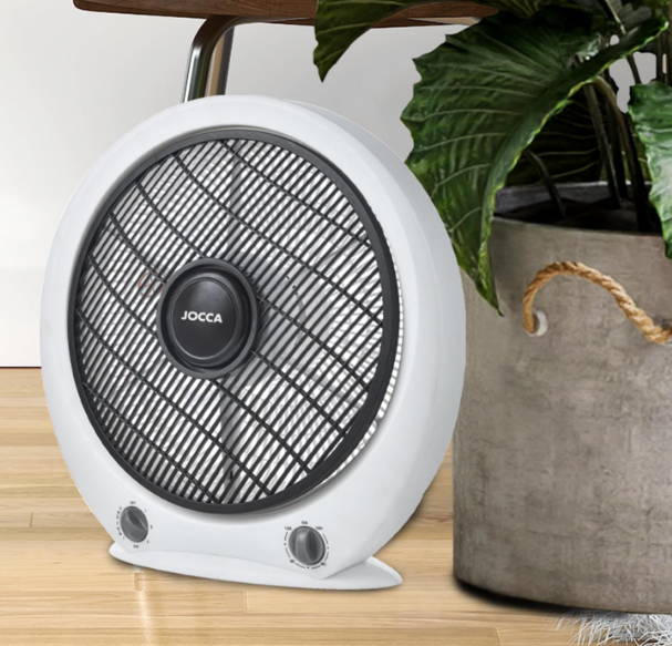 Ventilador portátil Jocca Box Fan de 30 cm con 5 Aspas, 3 Velocidades, Temporizador y Sistema Antivuelco | Suelo o Mesa | Blanco