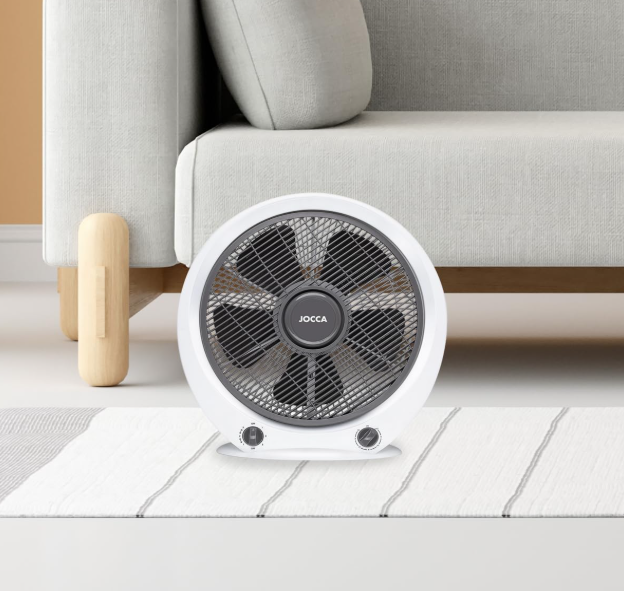 Ventilador portátil Jocca Box Fan de 30 cm con 5 Aspas, 3 Velocidades, Temporizador y Sistema Antivuelco | Suelo o Mesa | Blanco