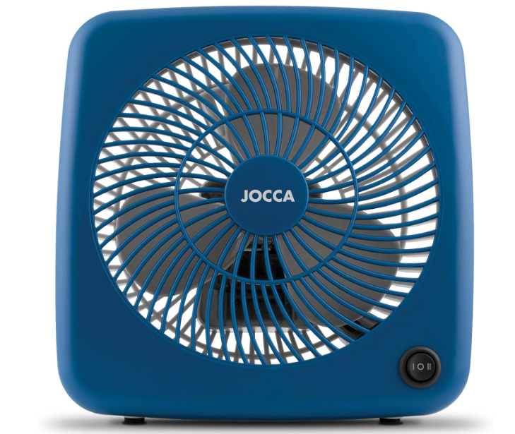 Ventilador portátil Jocca Box Fan de 30 cm y 30W con 5 Aspas, 3 Velocidades, Temporizador y Sistema Antivuelco | Suelo o Mesa | Azul