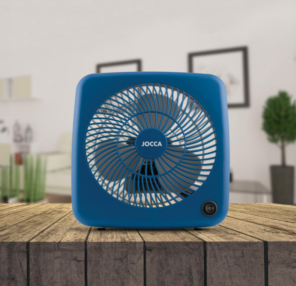 Ventilador portátil Jocca Box Fan de 30 cm y 30W con 5 Aspas, 3 Velocidades, Temporizador y Sistema Antivuelco | Suelo o Mesa | Azul