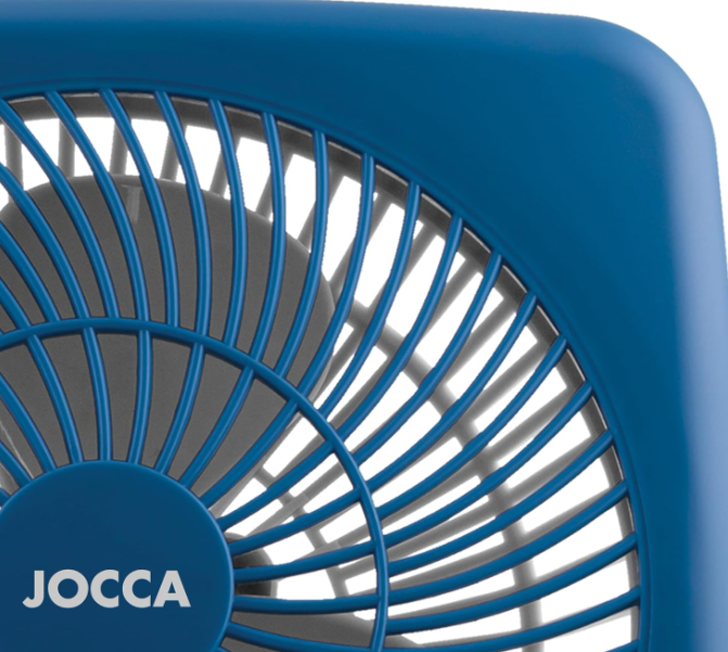 Ventilador portátil Jocca Box Fan de 30 cm y 30W con 5 Aspas, 3 Velocidades, Temporizador y Sistema Antivuelco | Suelo o Mesa | Azul