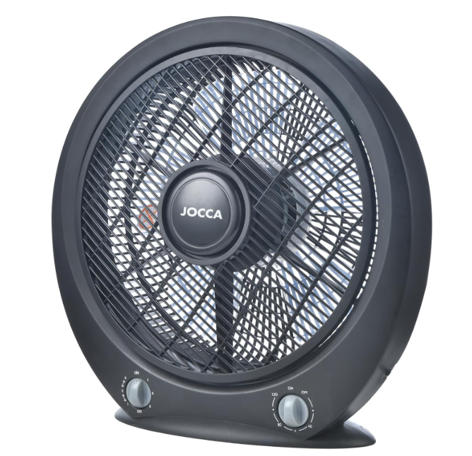 Ventilador portátil Jocca Box Fan de 30 cm con 5 Aspas, 3 Velocidades, Temporizador y Sistema Antivuelco | Suelo o Mesa | Negro
