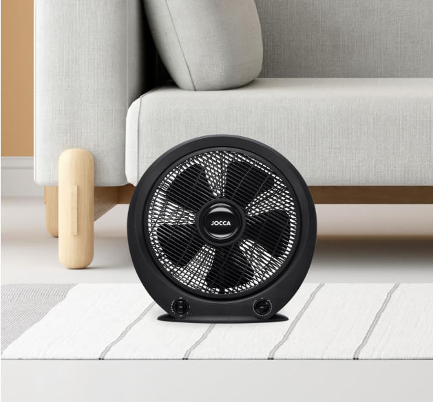 Ventilador portátil Jocca Box Fan de 30 cm con 5 Aspas, 3 Velocidades, Temporizador y Sistema Antivuelco | Suelo o Mesa | Negro