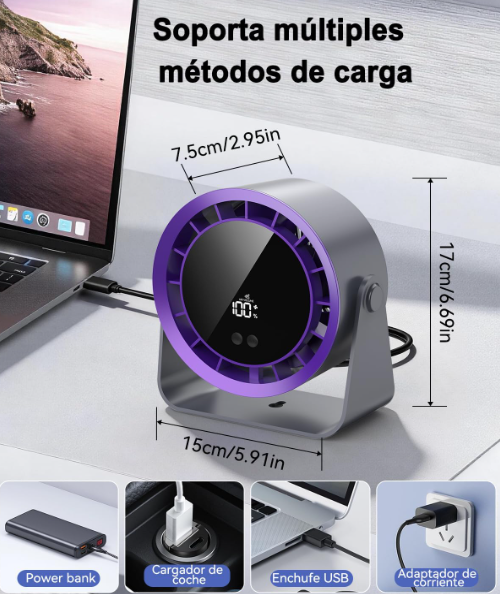 Ventilador de mesa USB Timiyou con 100 Velocidades, Pantalla LED, Giro 360°, Batería 2400 mAh (12h) y Modo 2 en 1 Mesa/Pared | Silencioso y Portátil