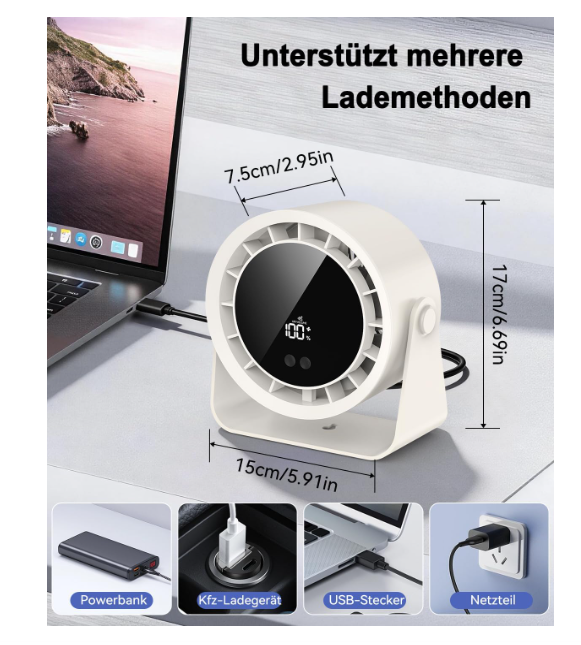 Ventilador de mesa Timiyou USB recargable con 100 ajustes continuos, giro 360°, hasta 12h de uso y diseño 2 en 1 Mesa/Pared | Silencioso | Blanco