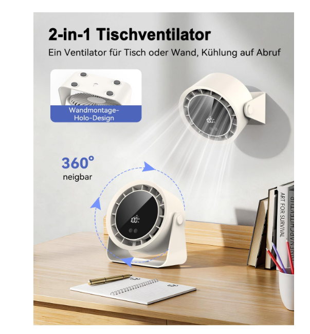 Ventilador de mesa Timiyou USB recargable con 100 ajustes continuos, giro 360°, hasta 12h de uso y diseño 2 en 1 Mesa/Pared | Silencioso | Blanco