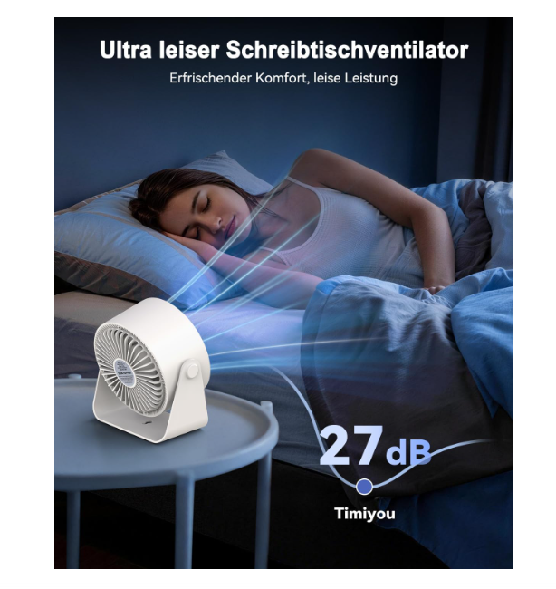 Ventilador de mesa Timiyou USB recargable con 100 ajustes continuos, giro 360°, hasta 12h de uso y diseño 2 en 1 Mesa/Pared | Silencioso | Blanco