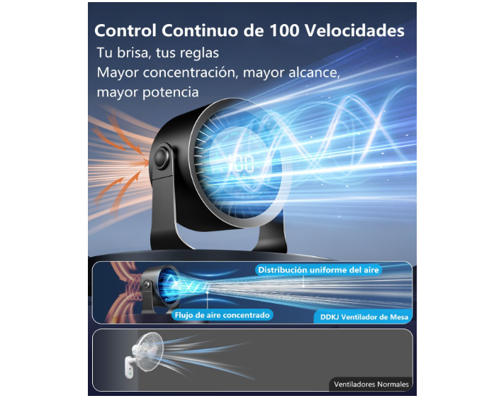 Ventilador de mesa DDKJ silencioso con 100 ajustes continuos, pantalla LED, batería 4000 mAh (13h) y diseño 2 en 1 Mesa/Pared | USB Recargable | Negro