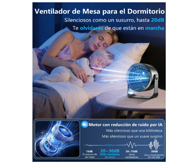 Ventilador de mesa DDKJ silencioso con 100 ajustes continuos, pantalla LED, batería 4000 mAh (13h) y diseño 2 en 1 Mesa/Pared | USB Recargable | Negro