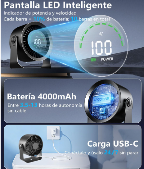Ventilador de mesa DDKJ silencioso con 100 ajustes continuos, pantalla LED, batería 4000 mAh (13h) y diseño 2 en 1 Mesa/Pared | USB Recargable | Negro