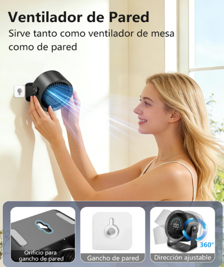 Ventilador de mesa DDKJ silencioso con 100 ajustes continuos, pantalla LED, batería 4000 mAh (13h) y diseño 2 en 1 Mesa/Pared | USB Recargable | Negro