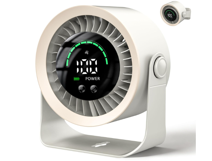 Ventilador de mesa DDKJ silencioso en color blanco con 100 ajustes continuos, pantalla LED, batería 4000 mAh (13h) y diseño 2 en 1 Mesa/Pared | USB Recargable