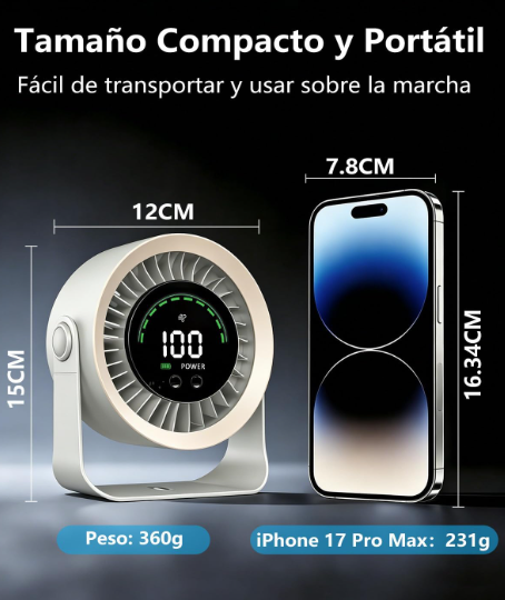 Ventilador de mesa DDKJ silencioso en color blanco con 100 ajustes continuos, pantalla LED, batería 4000 mAh (13h) y diseño 2 en 1 Mesa/Pared | USB Recargable