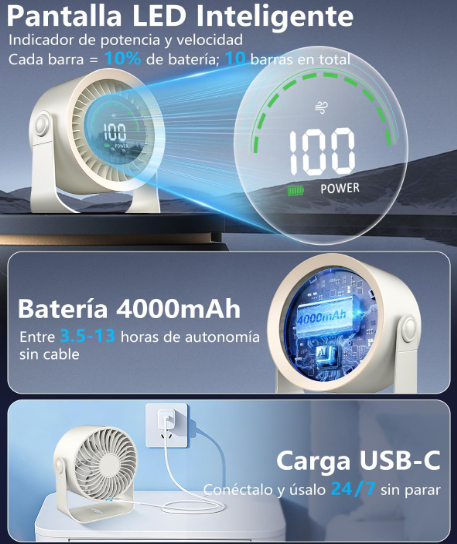 Ventilador de mesa DDKJ silencioso en color blanco con 100 ajustes continuos, pantalla LED, batería 4000 mAh (13h) y diseño 2 en 1 Mesa/Pared | USB Recargable