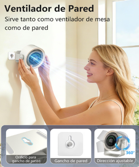 Ventilador de mesa DDKJ silencioso en color blanco con 100 ajustes continuos, pantalla LED, batería 4000 mAh (13h) y diseño 2 en 1 Mesa/Pared | USB Recargable