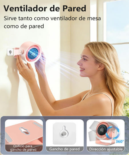 Ventilador de mesa DDKJ silencioso rosa con 100 ajustes continuos, pantalla LED, batería 4000 mAh (13h) y diseño 2 en 1 Mesa/Pared | USB Recargable