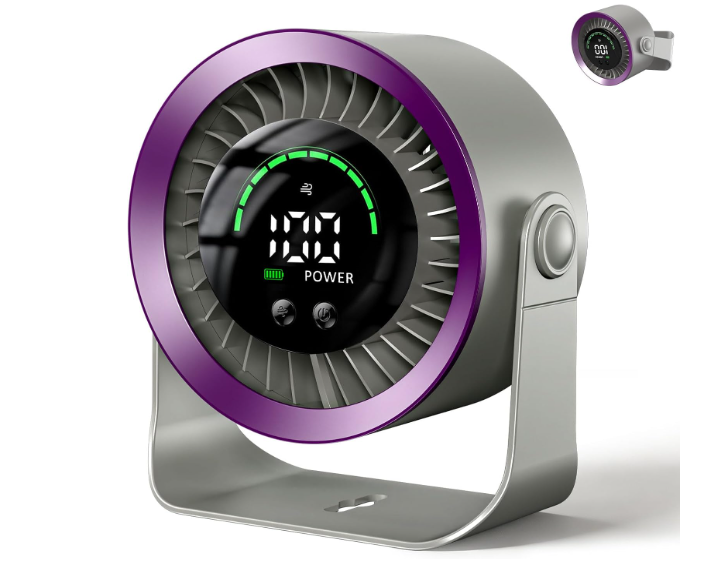 Ventilador de mesa DDKJ gris morado con 100 ajustes continuos, pantalla LED, batería 4000 mAh (13h) y diseño 2 en 1 Mesa/Pared | USB Recargable | Silencioso