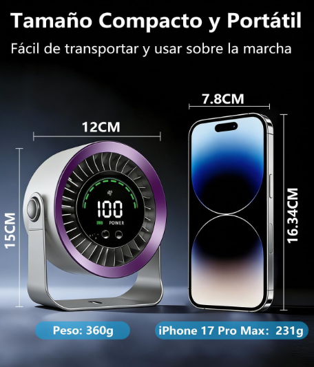 Ventilador de mesa DDKJ gris morado con 100 ajustes continuos, pantalla LED, batería 4000 mAh (13h) y diseño 2 en 1 Mesa/Pared | USB Recargable | Silencioso