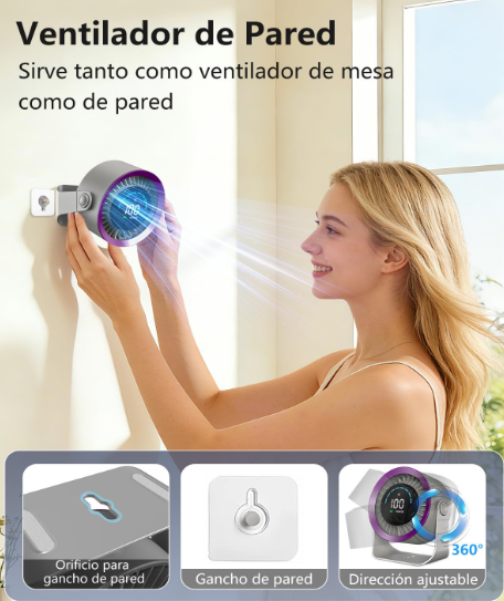 Ventilador de mesa DDKJ gris morado con 100 ajustes continuos, pantalla LED, batería 4000 mAh (13h) y diseño 2 en 1 Mesa/Pared | USB Recargable | Silencioso