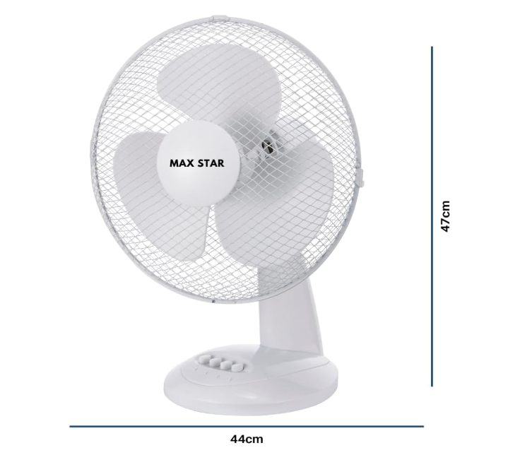 Ventilador de sobremesa Max Star MS‑2416 de 16" con 3 velocidades, motor 40W, rejilla protectora y sistema anti‑vuelco | Silencioso y portátil