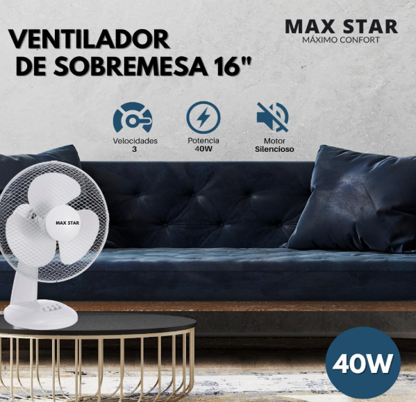 Ventilador de sobremesa Max Star MS‑2416 de 16" con 3 velocidades, motor 40W, rejilla protectora y sistema anti‑vuelco | Silencioso y portátil