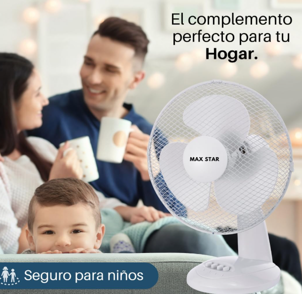 Ventilador de sobremesa Max Star MS‑2416 de 16" con 3 velocidades, motor 40W, rejilla protectora y sistema anti‑vuelco | Silencioso y portátil