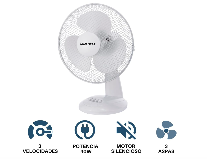Ventilador de sobremesa Max Star MS‑2416 de 16" con 3 velocidades, motor 40W, rejilla protectora y sistema anti‑vuelco | Silencioso y portátil