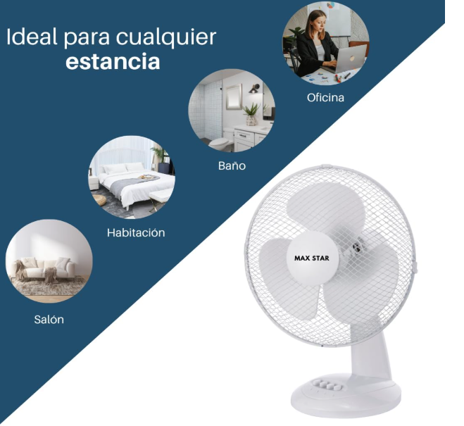 Ventilador de sobremesa Max Star MS‑2416 de 16" con 3 velocidades, motor 40W, rejilla protectora y sistema anti‑vuelco | Silencioso y portátil