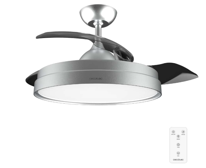 Ventilador de techo Cecotec EnergySilence Aero 4280 Invisible Steel con aspas retráctiles, luz LED, 40W, 42", temporizador y función verano‑invierno