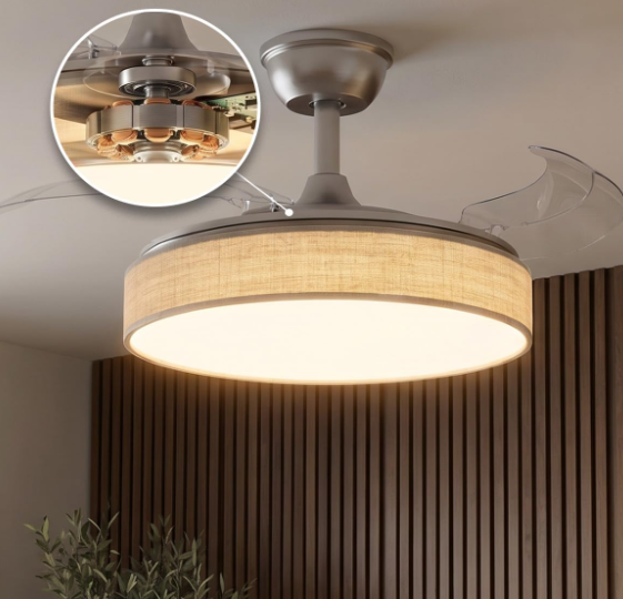 Ventilador de techo Cecotec EnergySilence Aero 4222 Invisible Textile con aspas retráctiles, motor DC 30W, luz LED 3 tonos, 42", 6 velocidades y temporizador